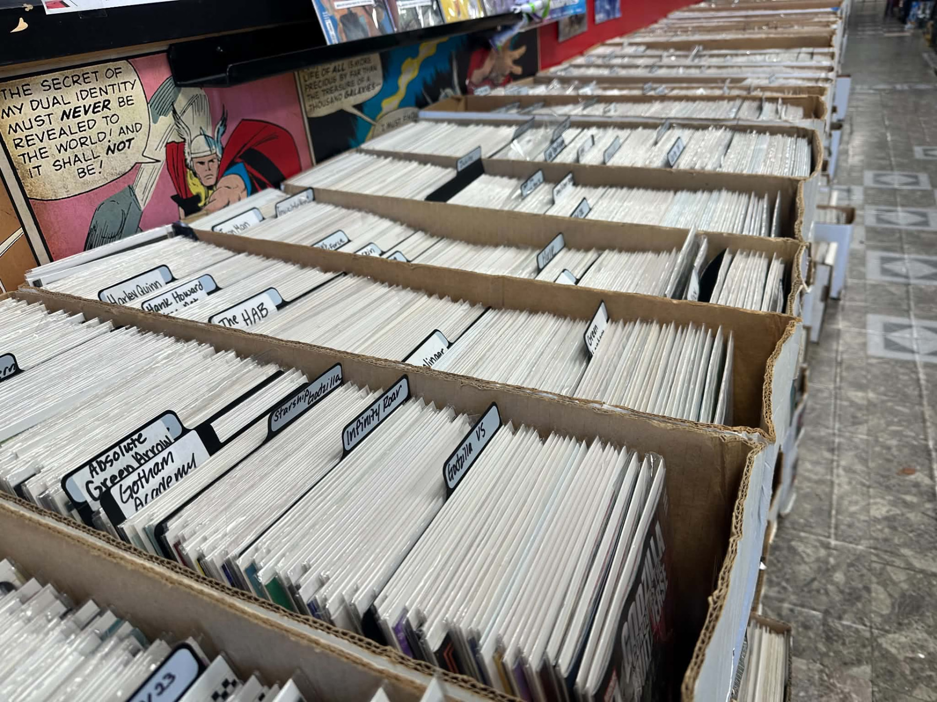 Long boxes of back issues at the shop