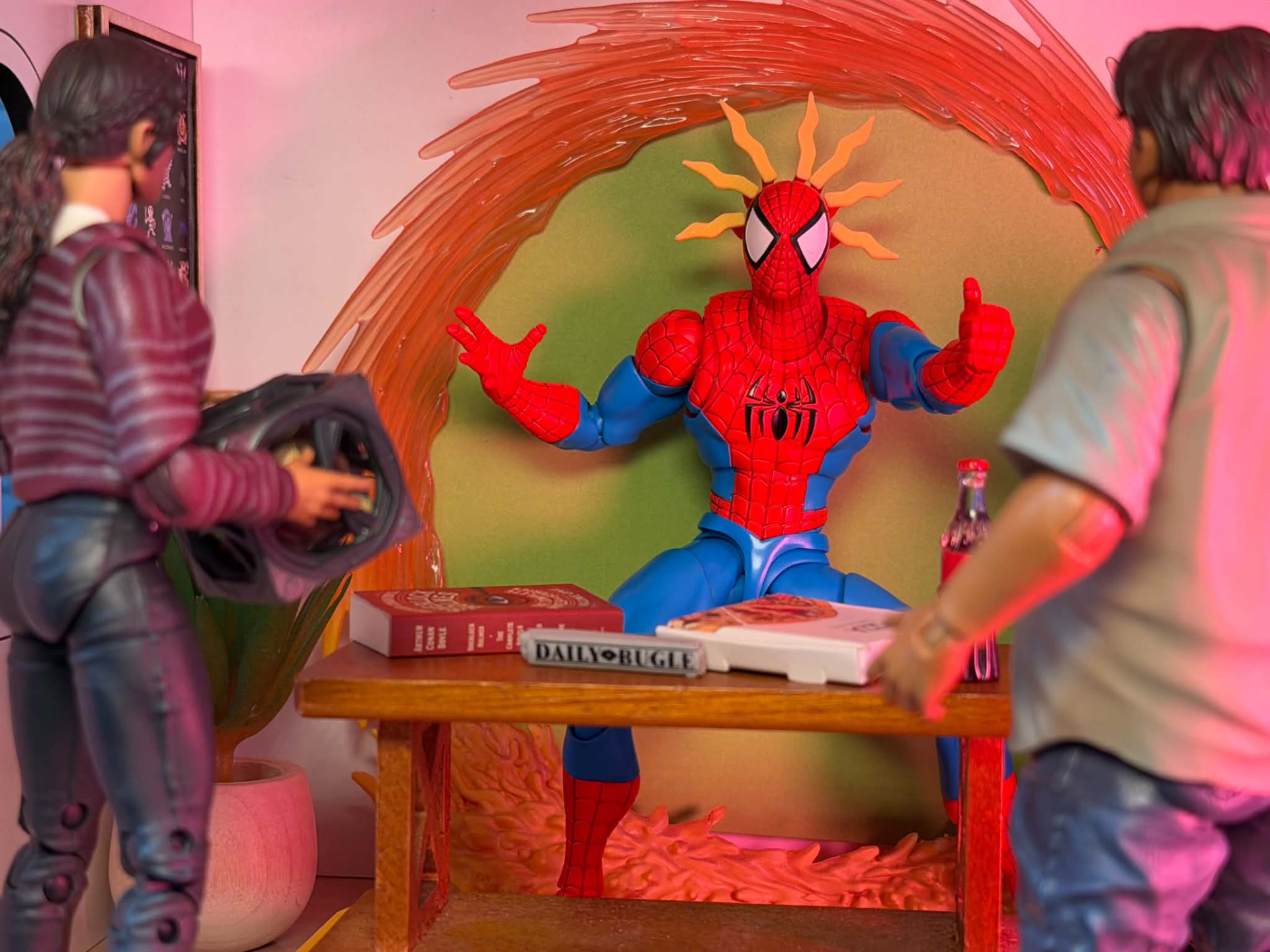 A web-slinger figure with spider-sense effect posing at a pizza table with friends